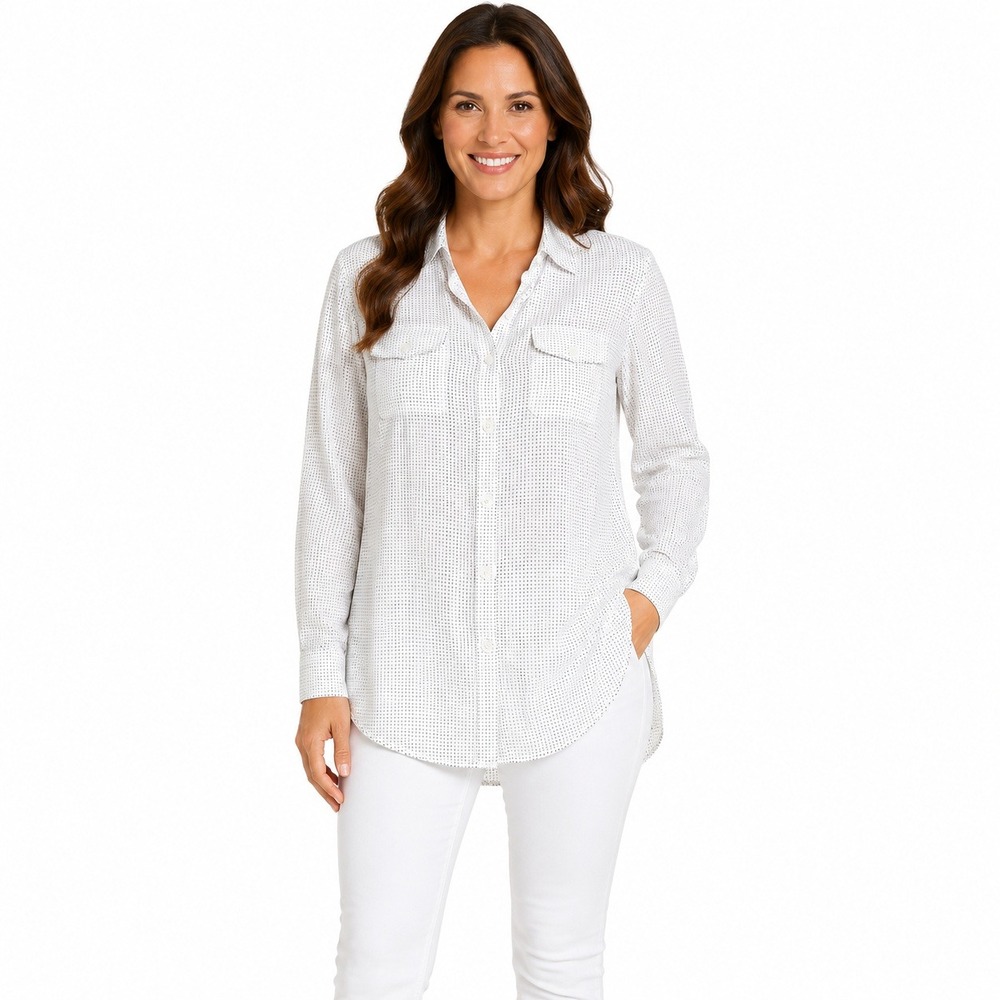 Express Button Down Shirt Women Medium White Polka Dot Long Sleeve Pockets